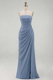 Light Pink Strapless Sheath Ruched Long Formal Dress with Slit