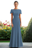 Royal Blue Crepe Satin Sheath Short Sleeves Long Mother Of Bride Dress