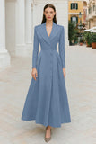 Navy Lapel A Line Single Breasted Long Sleeves Work Dress