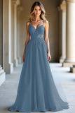 A Line Dark Blue Spaghetti Straps Sweetheart Long Formal Dress
