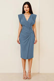Black Satin Midi V Neck Ruched Bodycon Formal Dress