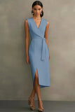 White Satin V-Neck Bodycon Long Formal Dress with Sash
