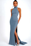 Black Halter Satin Mermaid Long Formal Dress with Slit