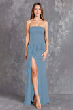 Black Chiffon Strapless Ruffled Long Formal Dress with Slit