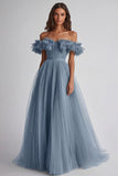 Dusty Sage Tulle Off The Shoulder Ruffled Ball Gown Long Formal Dress