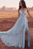 Ivory Spaghetti Straps A Line Ruffled Boho Wedding Dress with Slit