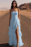 Strapless A Line Ivory Maxi Beach Wedding Dress with Ruffles