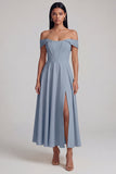 A-Line Off the Shoulder Yellow Corset Maxi Wedding Guest Dress with Slit