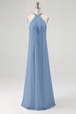 Sky Blue Chiffon Sheath Halter Long Boho Formal Dress