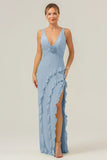 Dusty Blue Mermaid Deep V Neck Backless Long Bridesmaid Dress with Slit