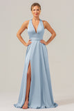 Dusty Blue A Line V-Neck Backless Satin Long Bridesmaid Dress with Slit