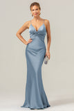 Dusty Blue Mermaid Spaghetti Straps Hollow Out Twist Front Bridesmaid Dress