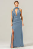 Fuchsia Sheath V-Neck Backless Long Bridesmaid Dress with Slit