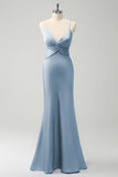 Dusty Blue Mermaid Spaghetti Straps Hollow Out Bridesmaid Dress