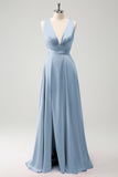 A-Line Dusty Blue V-Neck Backless Bridesmaid Dress with Slit