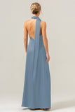 Dusty Sage Sheath V-Neck Backless Long Bridesmaid Dress with Slit