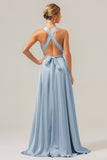 A Line Terracotta V-Neck Backless Satin Long Bridesmaid Dress with Slit