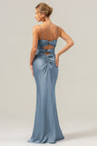 Dusty Blue Mermaid Spaghetti Straps Hollow Out Twist Front Bridesmaid Dress