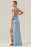 Dusty Blue Mermaid Deep V Neck Backless Long Bridesmaid Dress with Slit