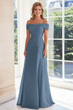 Elegant Taupe Off the Shoulder Chiffon Sheath Long Mother of the Bride with Lace Appliques