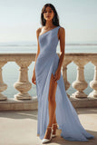 Chiffon Dark Navy One Shoulder Maxi Sheath Boho Formal Dress with Slit
