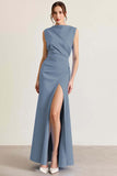 Black Satin Boat Neck Long Sheath Formal Dress with Slit
