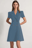 Navy Peak Lapel Double Breasted Satin Short Sleeves Work Dress