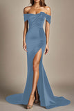 Black Mermaid Off the Shoulder Satin Formal Dress with Slit