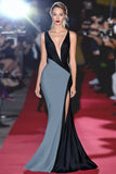 Sheath Black&White Deep V Neck Long Formal Dress
