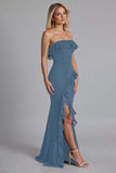 Burgundy Ruffled Chiffon Strapless Long Formal Dress with Slit