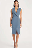 Sky Blue Shawl Lapel Satin Midi Work Dress with Slit