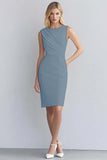 Ivory Satin Bodycon Round Neck Ruched Midi Work Dress