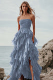 Fuchsia Organza Strapless Long Ball Gown Formal Dress with Ruffles