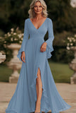 Dark Grey Mermaid Wrap Long Sleeves Ruffled Chiffon Long Mother of the Bride Dress