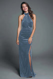 Halter Burgundy Velvet Sheath Ruched Formal Dress with Slit