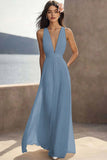 Ivory Pleated Chiffon Deep V-Neck Maxi Boho Formal Dress
