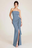 Sky Blue Satin Strapless Mermaid Ruched Long Formal Dress With Slit