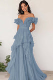 Black Chiffon Ruffled Off the Shoulder A Line Pleated Long Formal Dress
