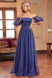 Navy A Line Removable Sleeves Pleated Long Formal Dress