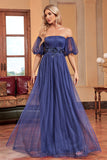 Navy A Line Removable Sleeves Pleated Long Formal Dress