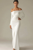White Mermaid Off the Shoulder Long Sleeves Ruched Satin Long Formal Dress