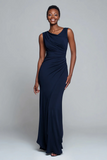 Navy Mermaid Cowl Neck Ruched Long Formal Dress