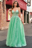 A Line Sparkly Light Green Spaghetti Straps Corset Tulle Prom Dress with Slit