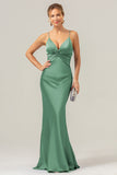 Dusty Blue Mermaid Spaghetti Straps Hollow Out Twist Front Bridesmaid Dress