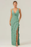 Mermaid Terracotta Deep V Neck Backless Long Bridesmaid Dress with Slit