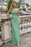 A Line Eucalyptus Spaghetti Straps Long Bridesmaid Dress with Lace Up Back