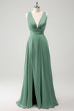 A-Line Dusty Blue V-Neck Backless Bridesmaid Dress with Slit