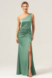 Dusty Sage Mermaid One Shoulder Backless Satin Long Bridesmaid Dress