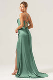 Dark Green Mermaid Spaghetti Straps Corset Satin Bridesmaid Dress with Slit