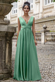 A-Line Eucalyptus V Neck Chiffon Long Bridesmaid Dress with Lace Up Back